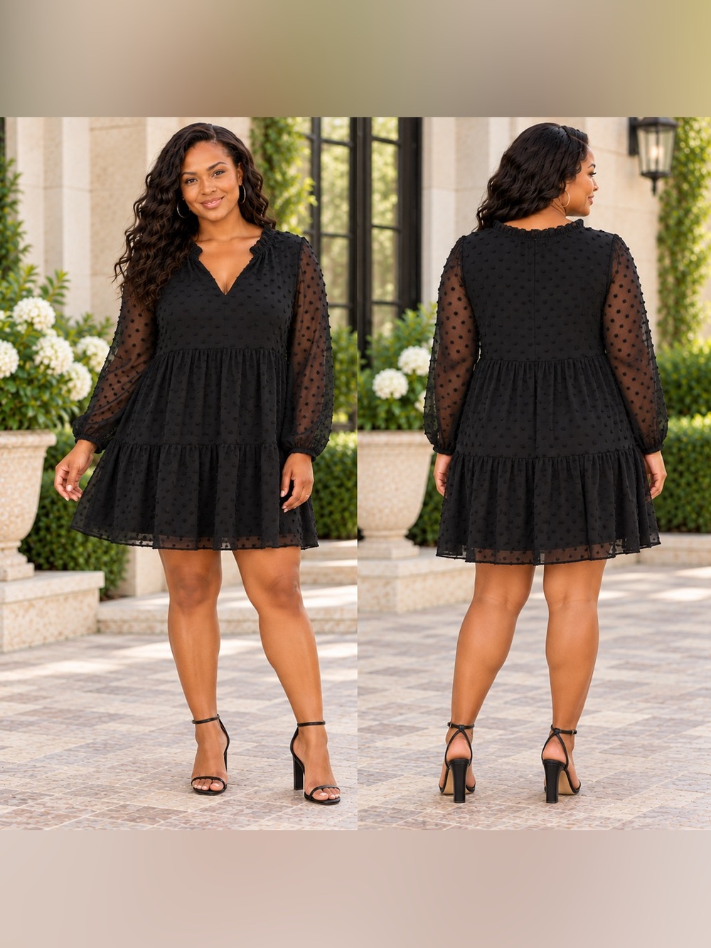 Halogen L Black Swiss Dot Tiered Ruffle Long Sleeve Mini Dress NWT